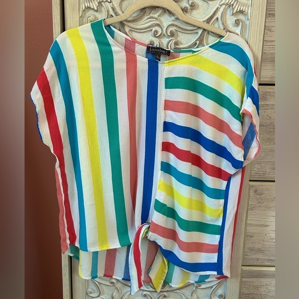 Luxology rainbow vertical stripped, dopamine colored fun retro tie front blouse